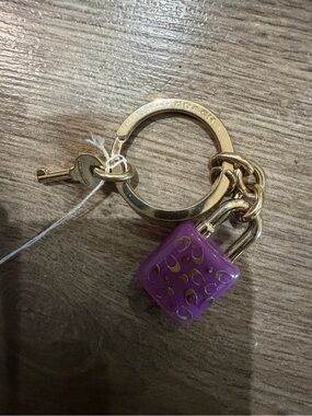 Coach Gold-Tone Keyring with Purple Enamel Padlock Charm and Mini Key